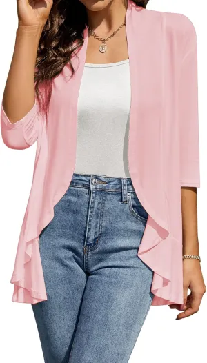 HOCOSIT Womens Casual Open Front Cardigans Lightweight Drape Ruffles 3/4 Sleeve Cardigan S-XXL