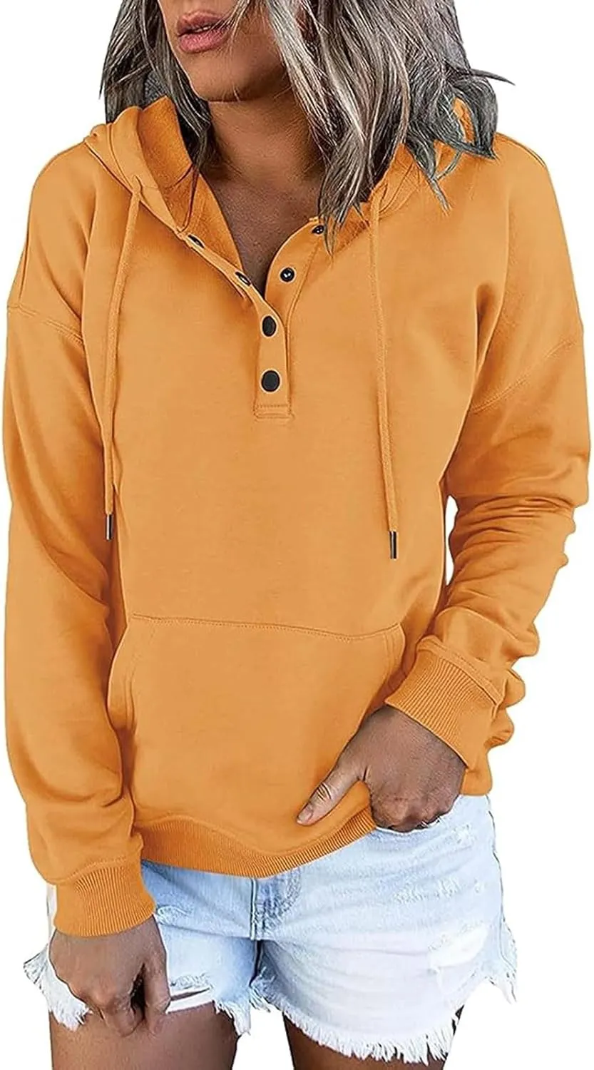 Hoodies For Women Dressy Casual 2024 Solid Basic Button Down Hooded Drawstring Sweatshirt Fall Fashion Pullover Tops