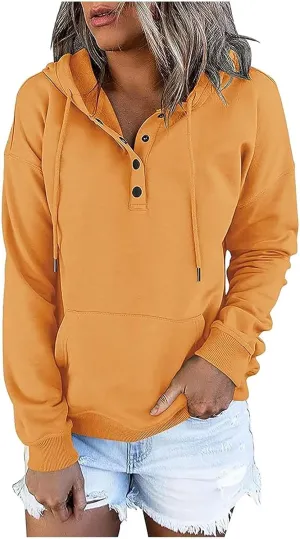 Hoodies For Women Dressy Casual 2024 Solid Basic Button Down Hooded Drawstring Sweatshirt Fall Fashion Pullover Tops