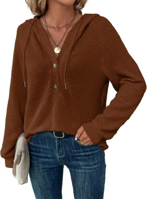 Hoodies for Women Waffle Knit Drawstring Button V Neck Long Sleeve Casual Pullover Oversized Hoodies Sweatshirts