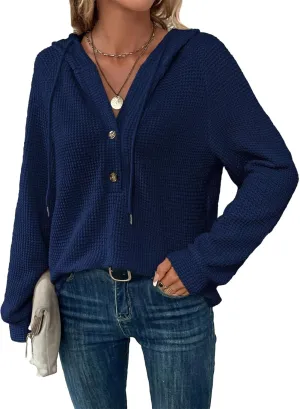 Hoodies for Women Waffle Knit Drawstring Button V Neck Long Sleeve Casual Pullover Oversized Hoodies Sweatshirts