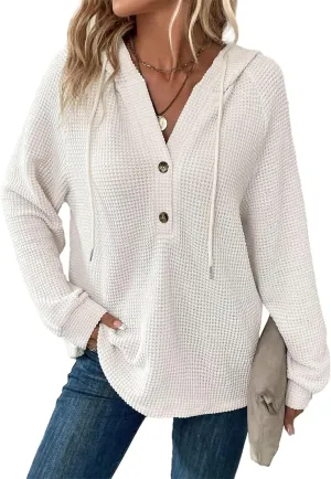 Hoodies for Women Waffle Knit Drawstring Button V Neck Long Sleeve Casual Pullover Oversized Hoodies Sweatshirts