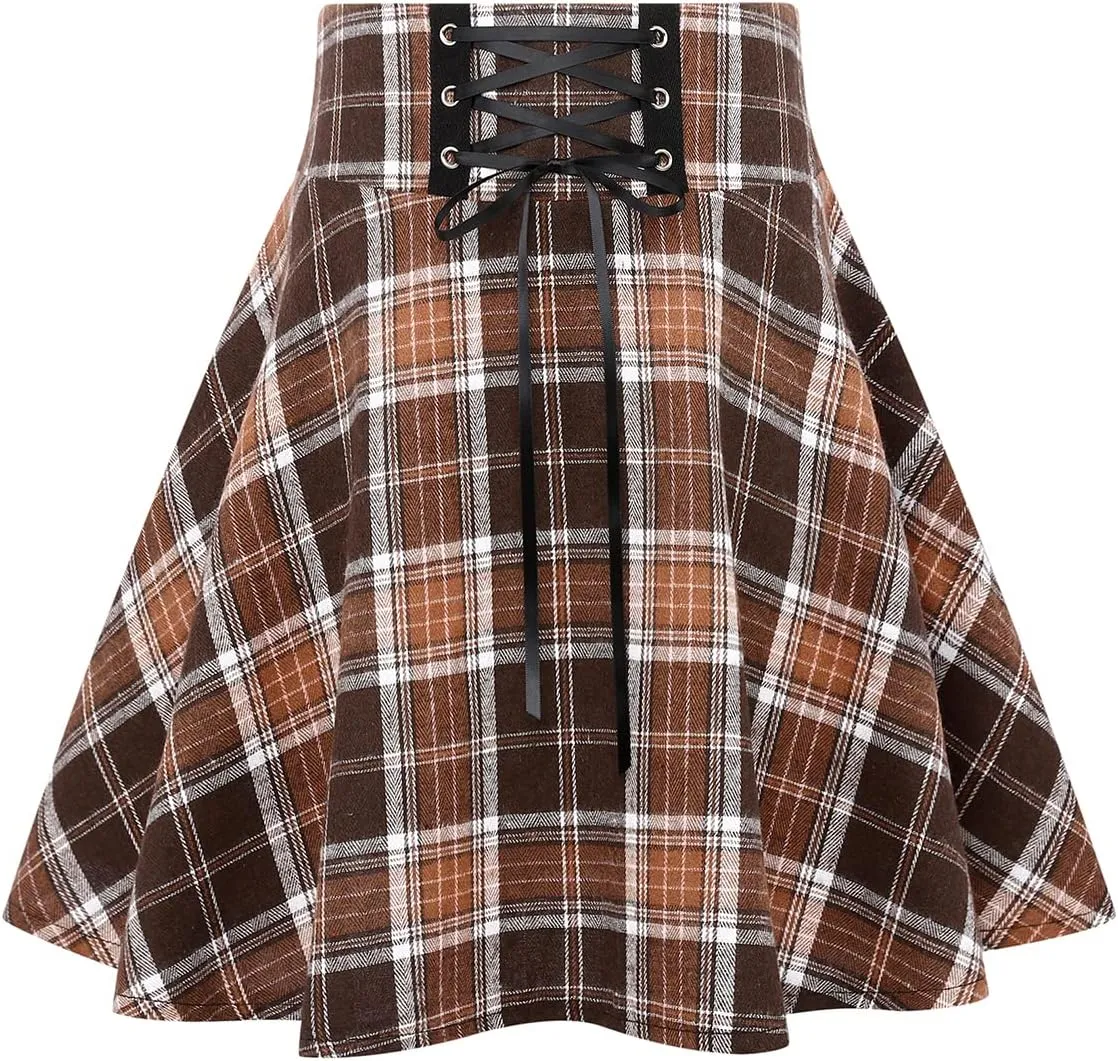 IDEALSANXUN Gothic Plaid Mini Skirts for Women Short High Waist Plaid Skirts