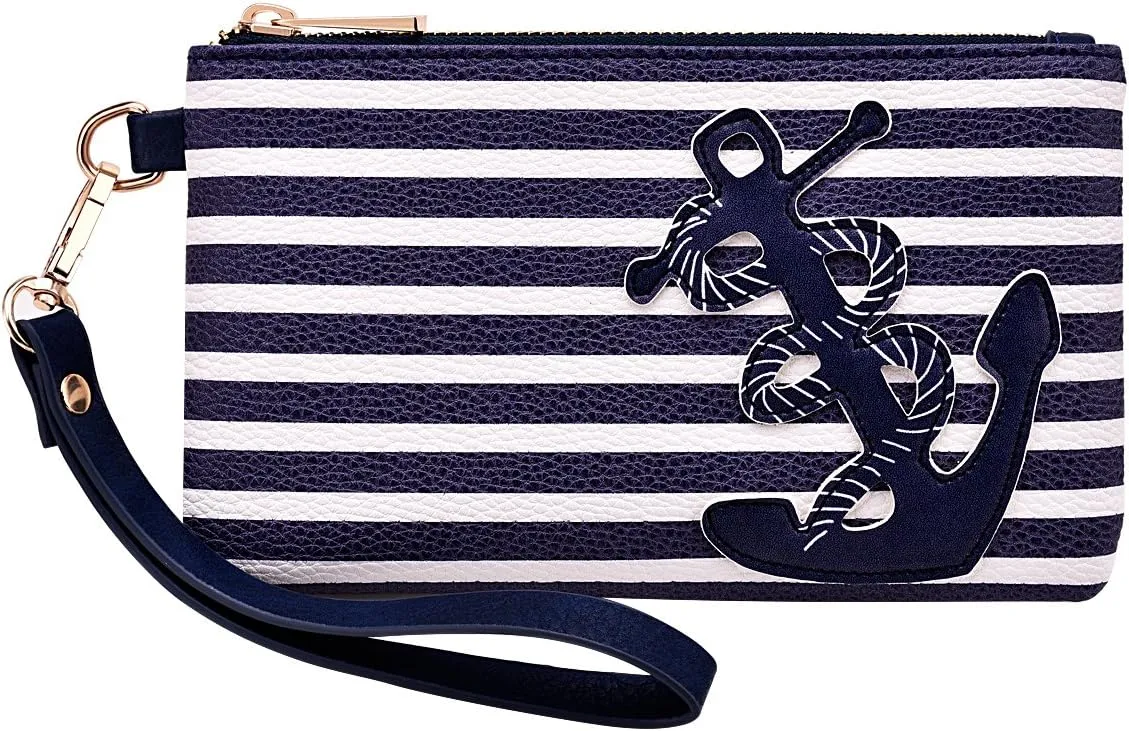 inOne PU Nautical Anchor Purse, 8.5"x5.0" Wristlet Bag Zip Coin Pouch