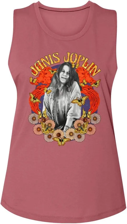 Janis Joplin American Rock Artist Janis Butterflies & Flowers Ladies Muscle Tank Top