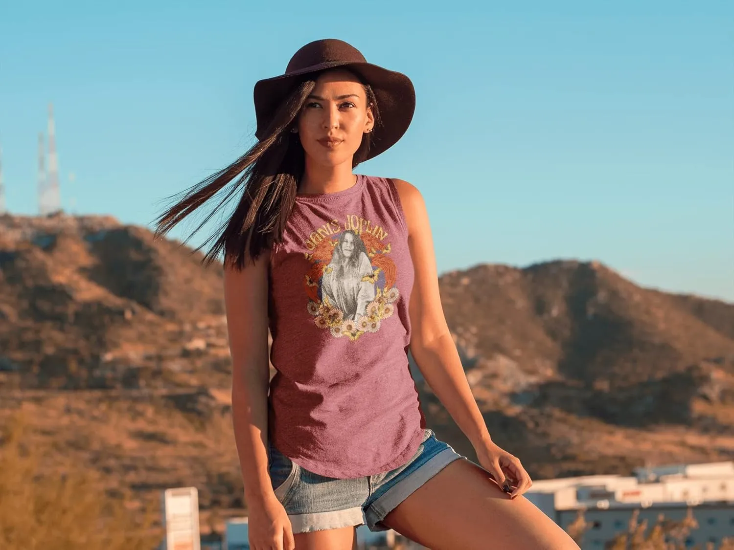 Janis Joplin American Rock Artist Janis Butterflies & Flowers Ladies Muscle Tank Top