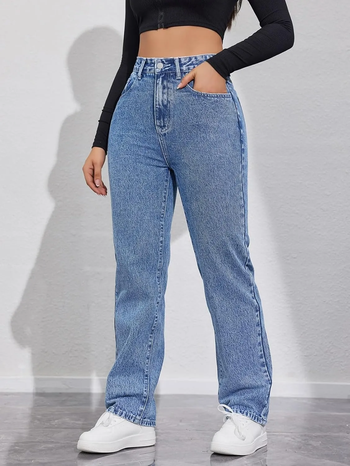 Jeans Pants Trousers Denim High Waist Straight Tube Commuter Casual Jeans for Women
