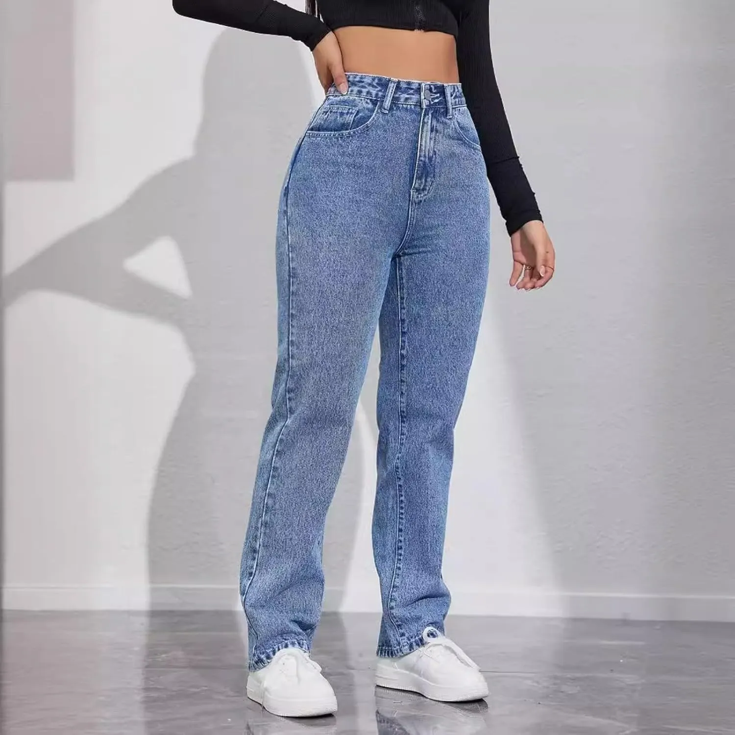 Jeans Pants Trousers Denim High Waist Straight Tube Commuter Casual Jeans for Women