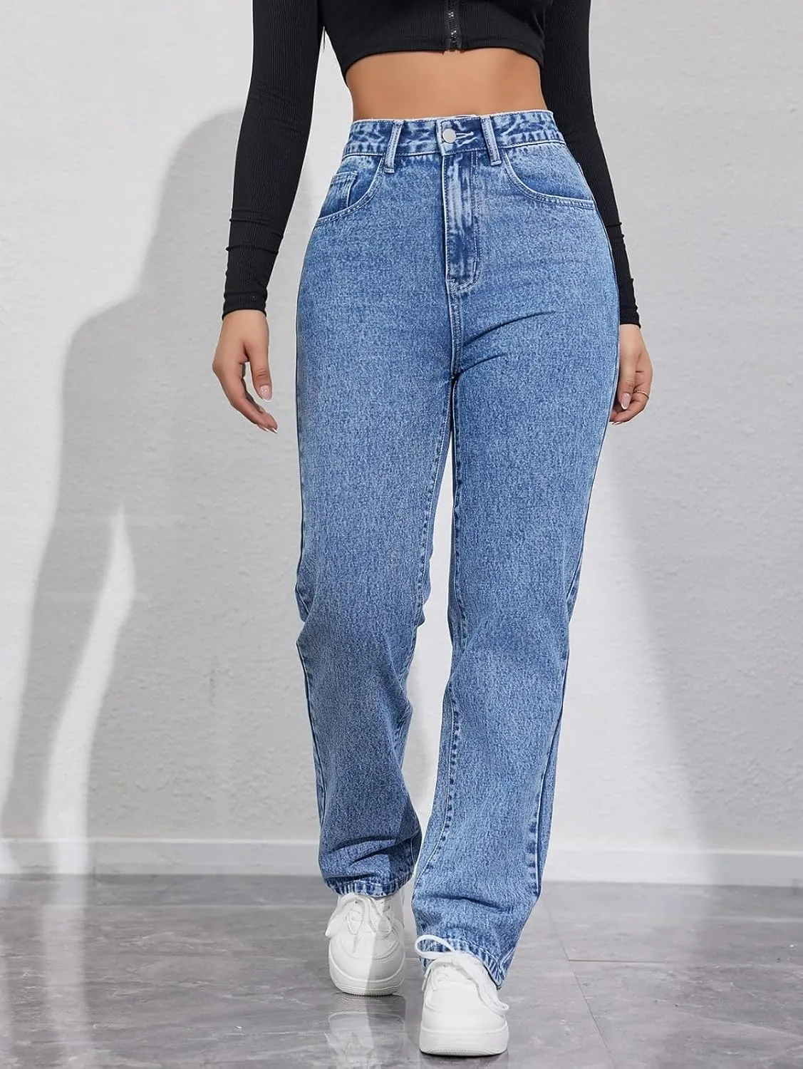 Jeans Pants Trousers Denim High Waist Straight Tube Commuter Casual Jeans for Women