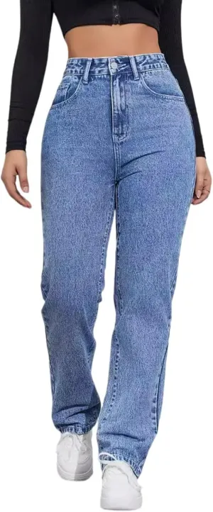 Jeans Pants Trousers Denim High Waist Straight Tube Commuter Casual Jeans for Women