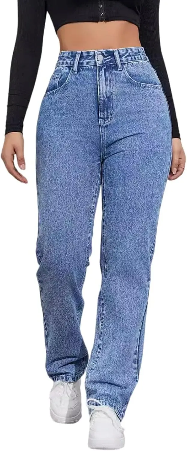 Jeans Pants Trousers Denim High Waist Straight Tube Commuter Casual Jeans for Women