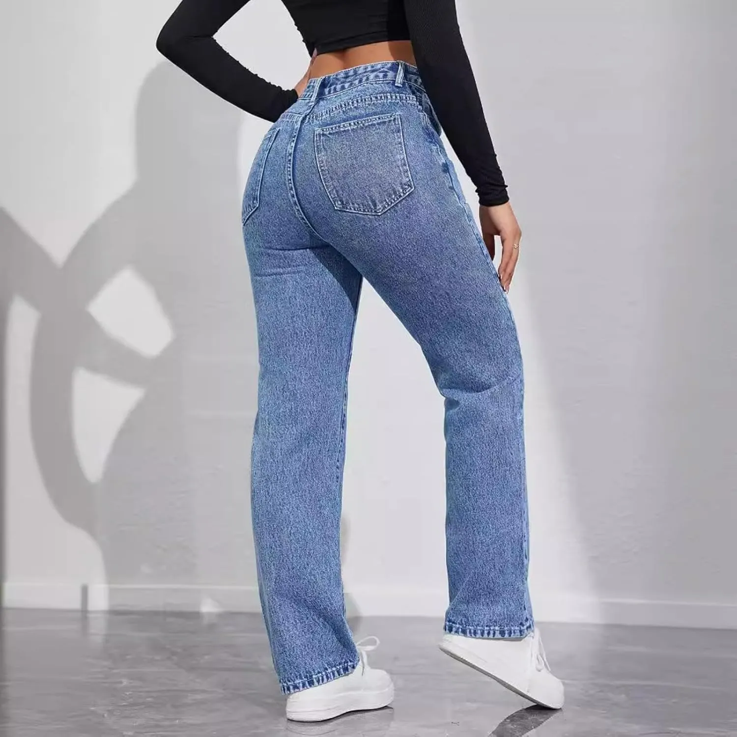 Jeans Pants Trousers Denim High Waist Straight Tube Commuter Casual Jeans for Women