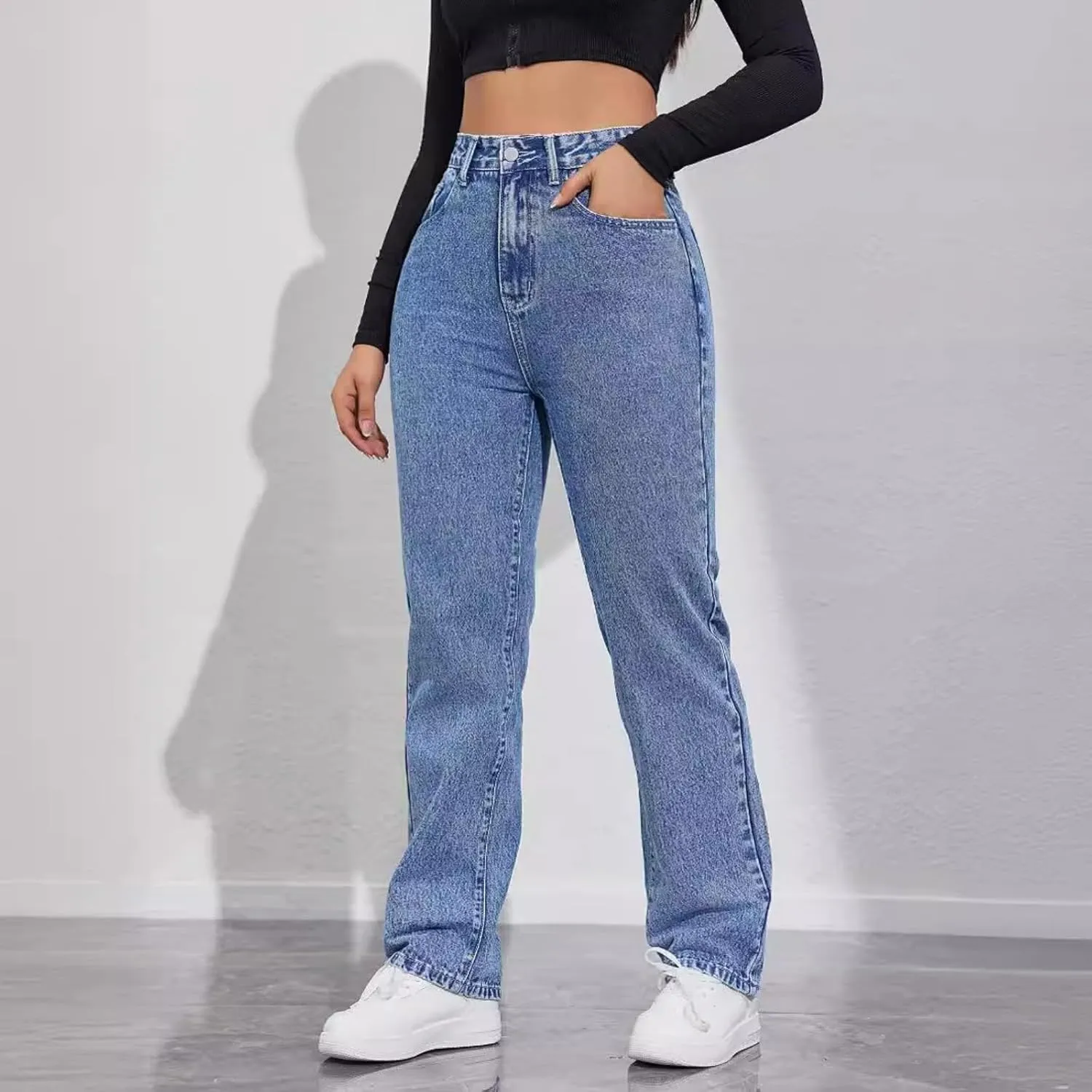 Jeans Pants Trousers Denim High Waist Straight Tube Commuter Casual Jeans for Women