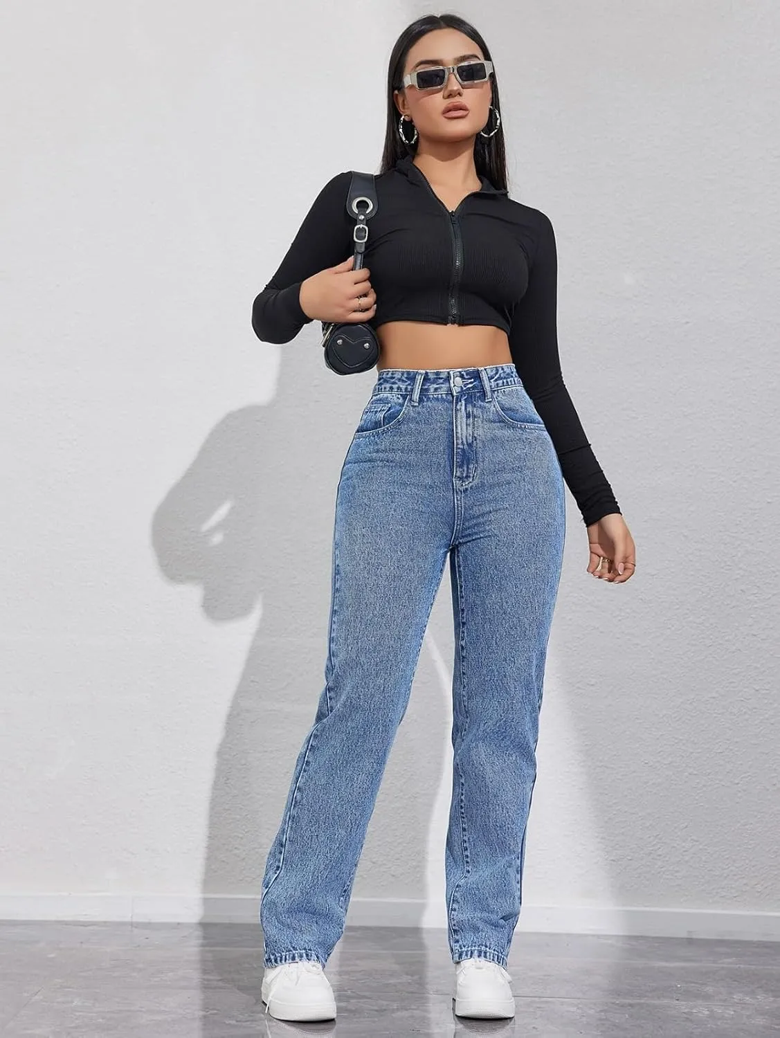 Jeans Pants Trousers Denim High Waist Straight Tube Commuter Casual Jeans for Women