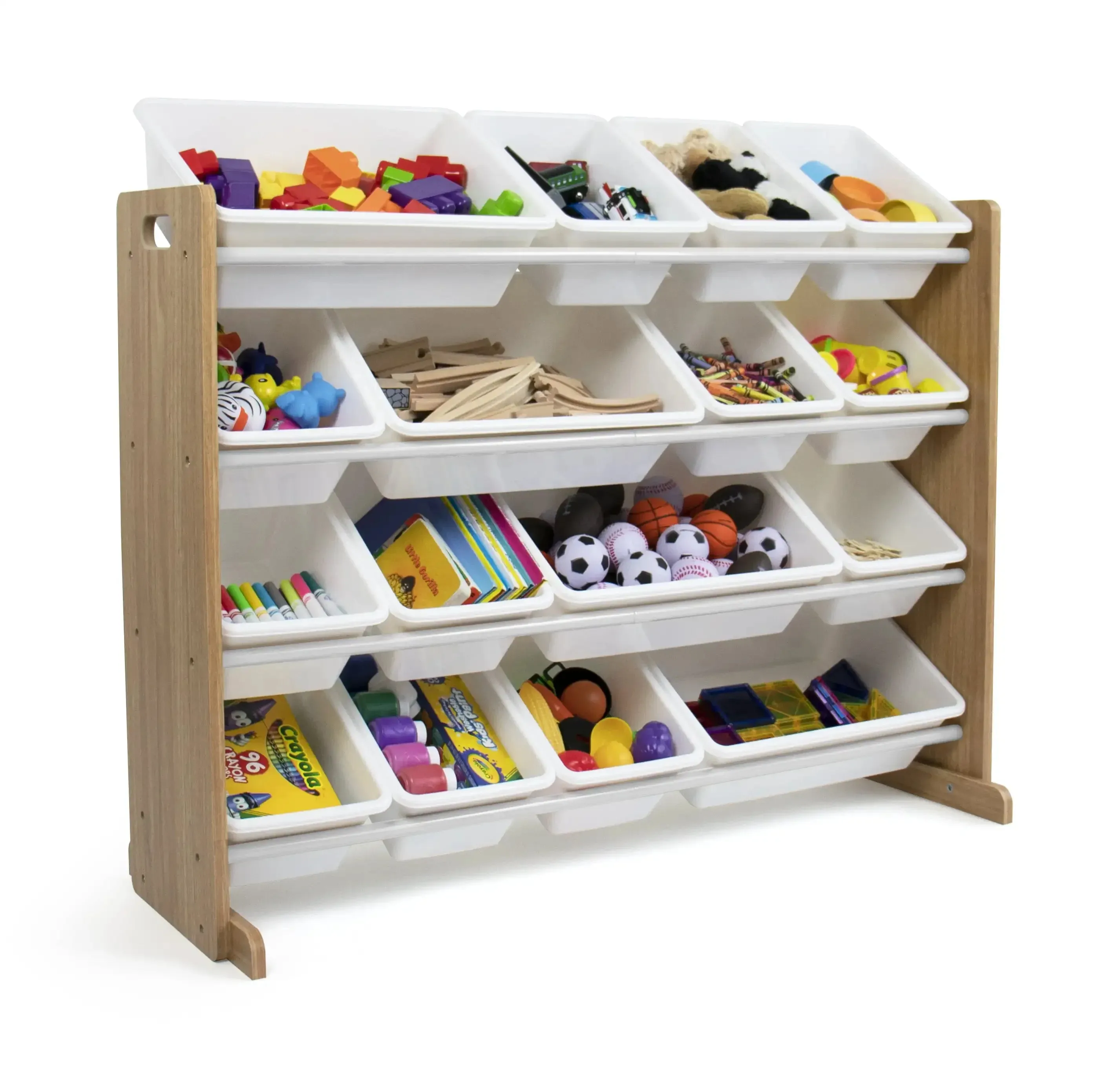 Kids Natural Wood Toy Storage Organizer With 16 White Plastic Storage Bins Plastic Organizing Boxes for Bedroom Free Shipping