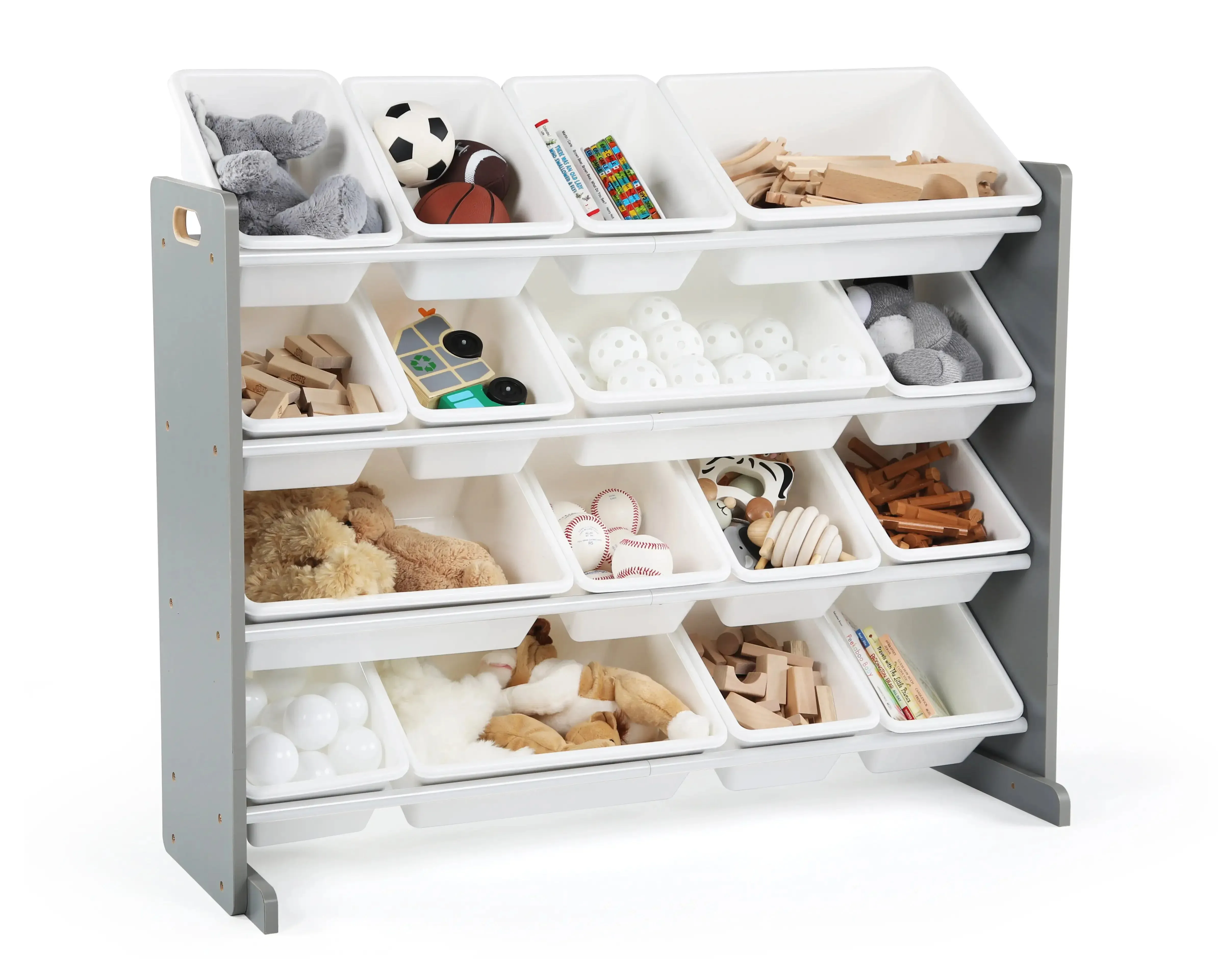 Kids Natural Wood Toy Storage Organizer With 16 White Plastic Storage Bins Plastic Organizing Boxes for Bedroom Free Shipping