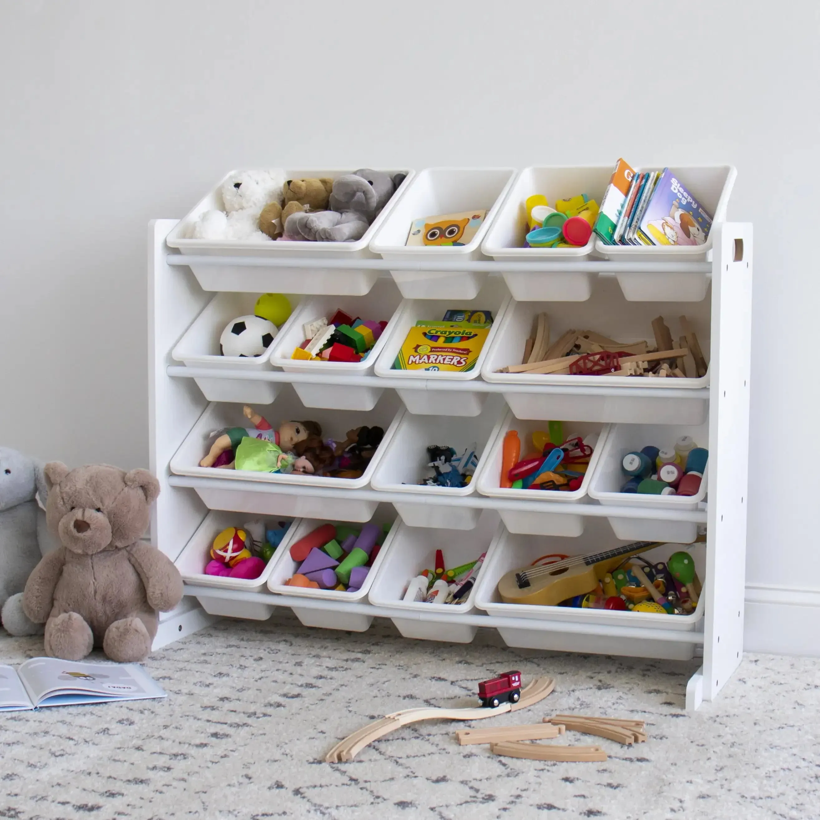 Kids Natural Wood Toy Storage Organizer With 16 White Plastic Storage Bins Plastic Organizing Boxes for Bedroom Free Shipping