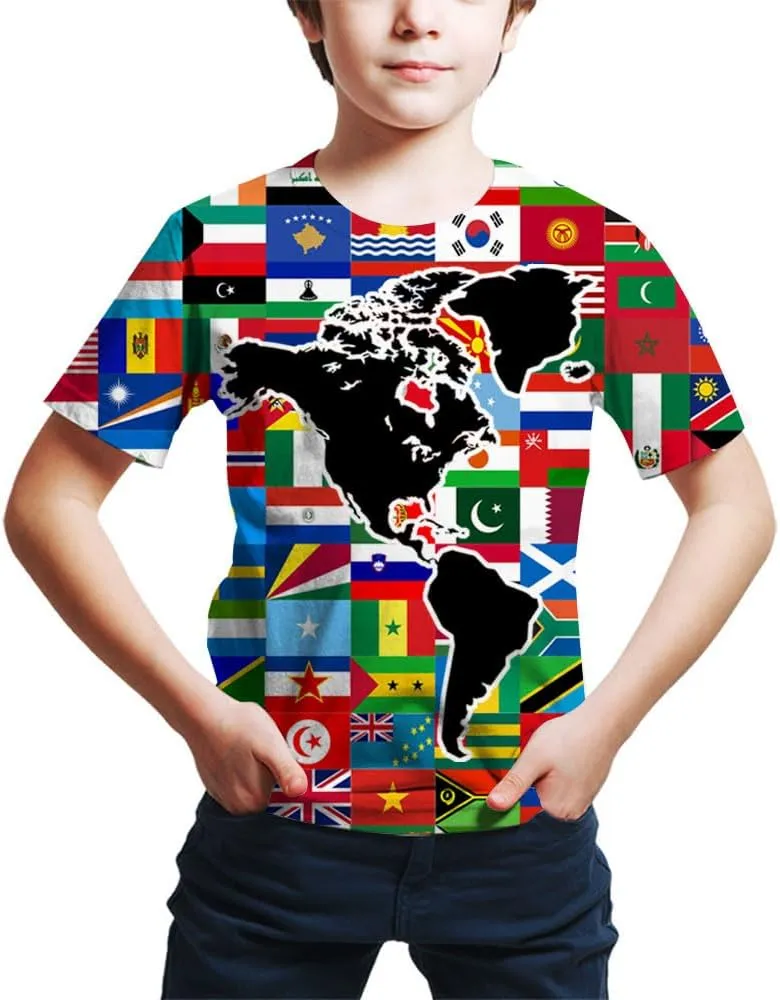 Kids Print 3D Print World Flags of The Countries Funny Graphic Pattern Holiday Tees Shirts for Youth Boys Girls 4-14 Years