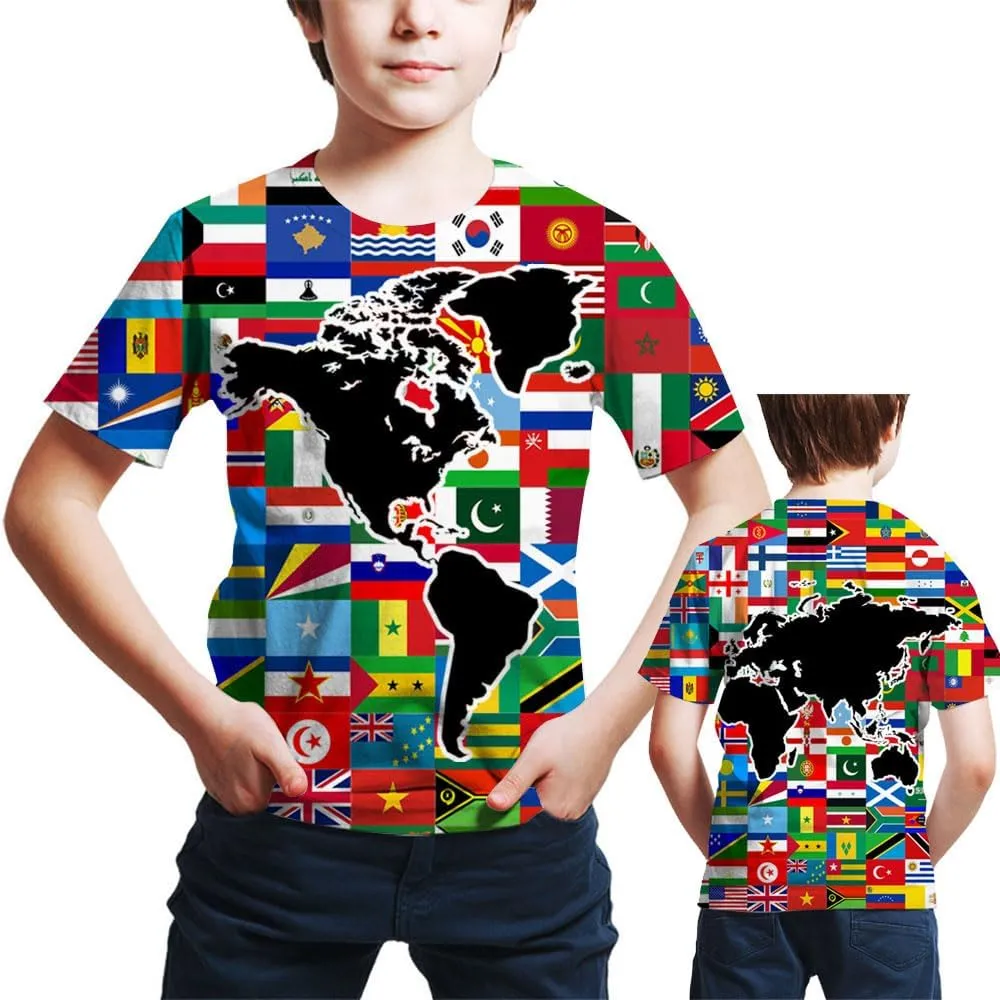 Kids Print 3D Print World Flags of The Countries Funny Graphic Pattern Holiday Tees Shirts for Youth Boys Girls 4-14 Years