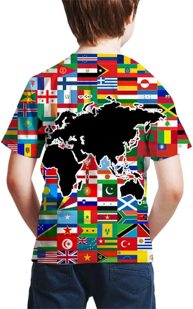 Kids Print 3D Print World Flags of The Countries Funny Graphic Pattern Holiday Tees Shirts for Youth Boys Girls 4-14 Years