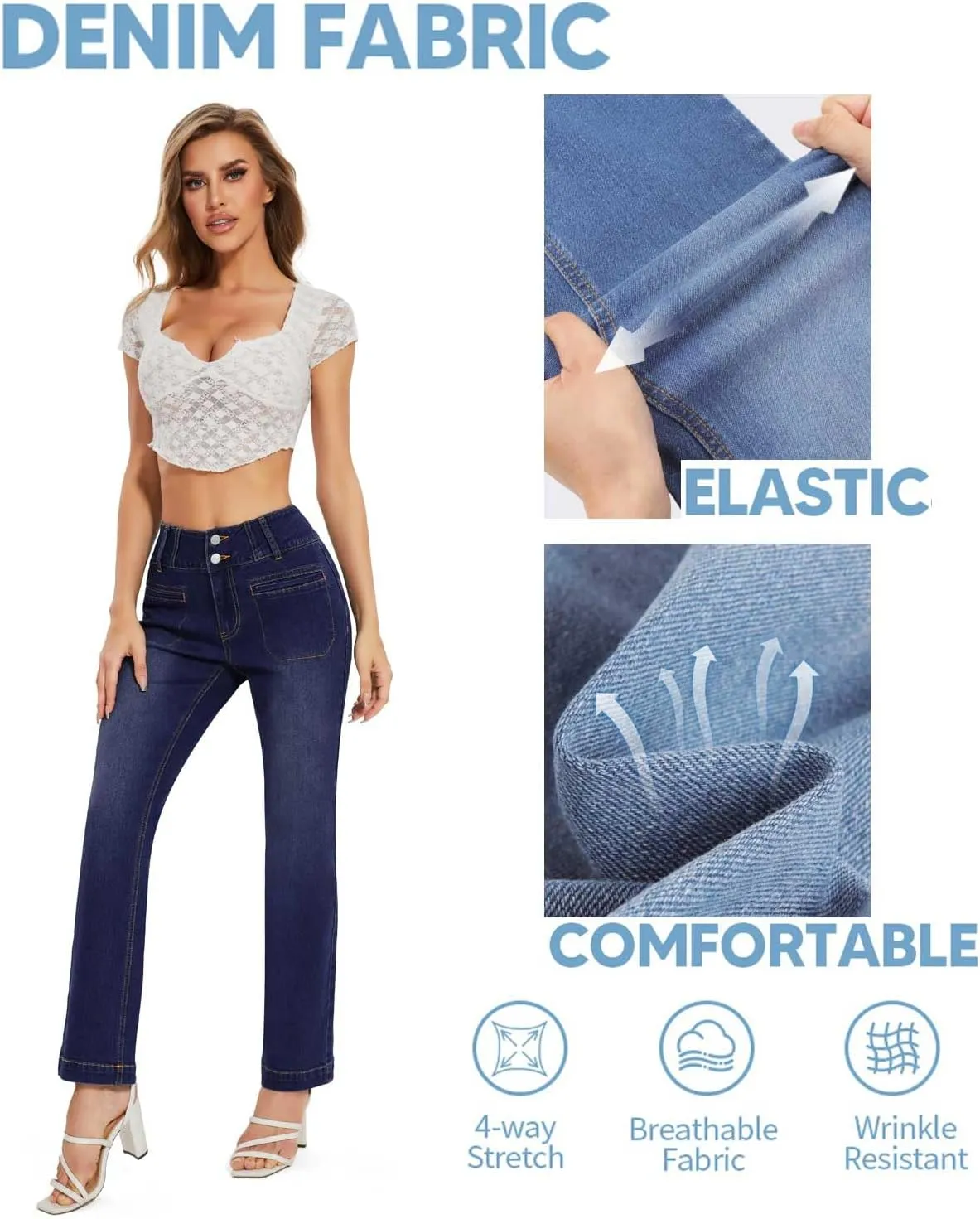 KIWI RATA Wide Leg Jeans for Women, High Waisted Straight Leg Loose Stretchy Jeans, Boyfriend Baggy Denim Pants
