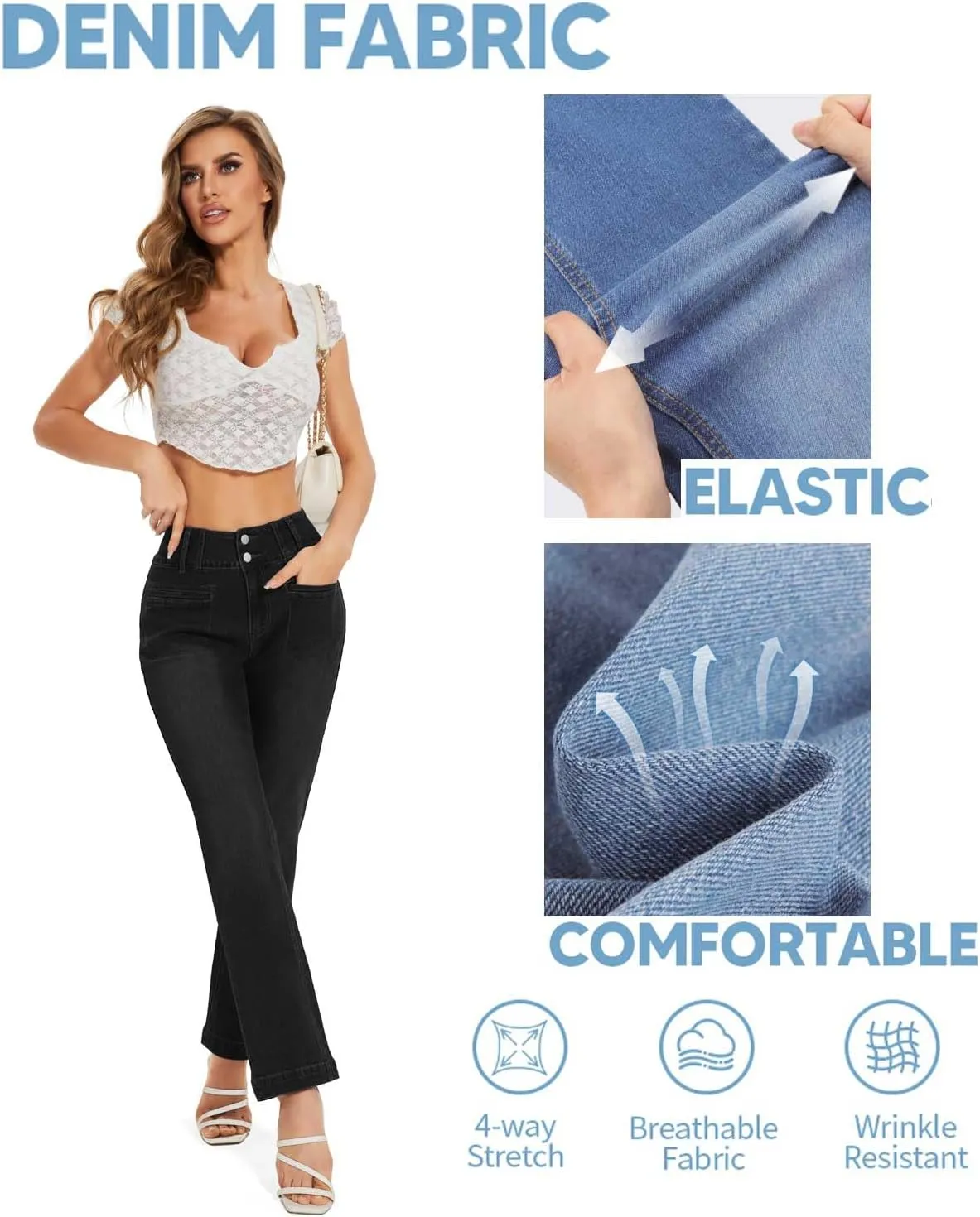 KIWI RATA Wide Leg Jeans for Women, High Waisted Straight Leg Loose Stretchy Jeans, Boyfriend Baggy Denim Pants