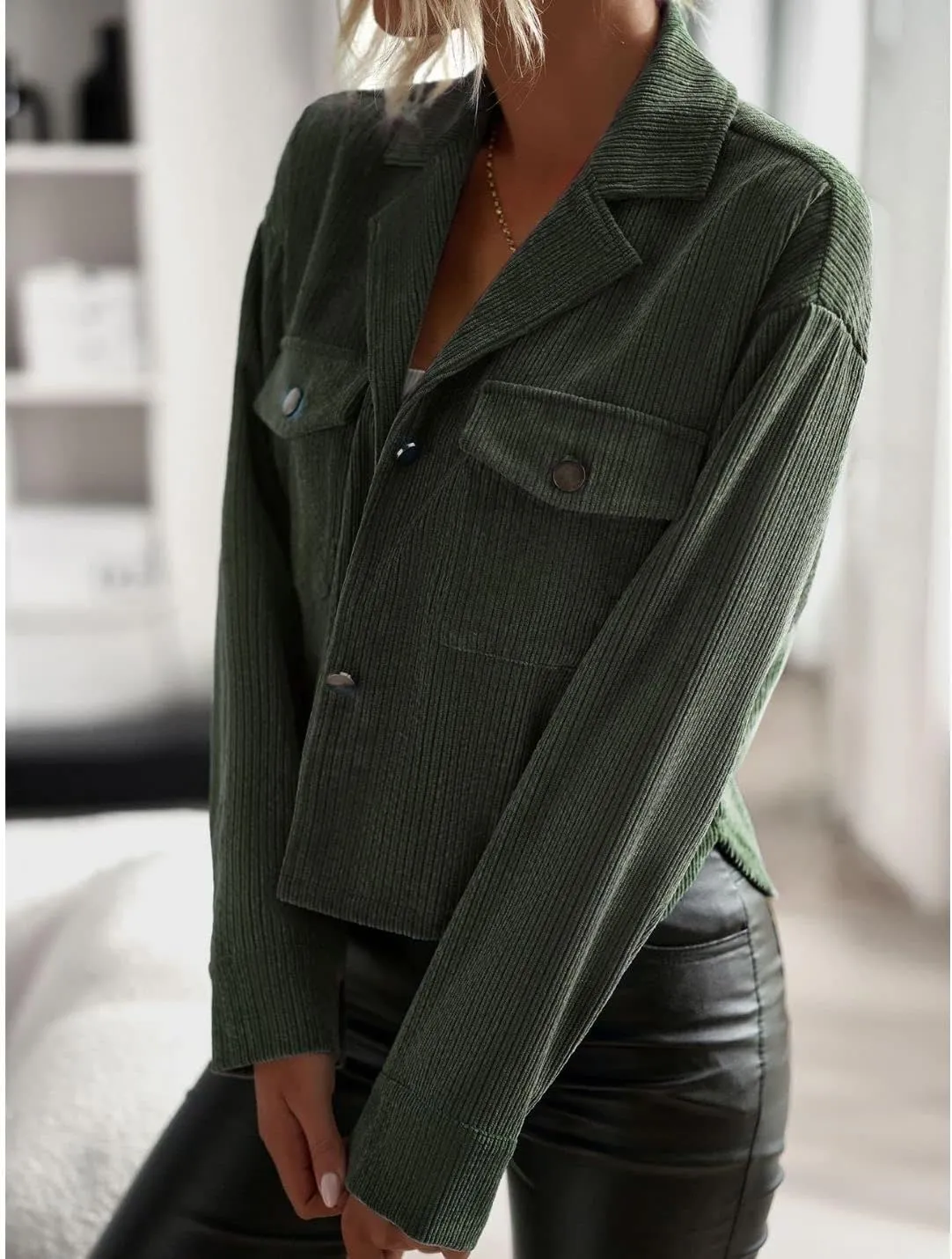 Kwoki Women's Corduroy Jackets Casual Long Sleeve Button Down Shirt Jacket Shacket Fashion Trendy Blazer Tops with Pockets