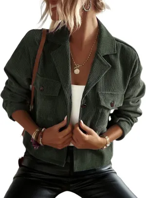 Kwoki Women's Corduroy Jackets Casual Long Sleeve Button Down Shirt Jacket Shacket Fashion Trendy Blazer Tops with Pockets