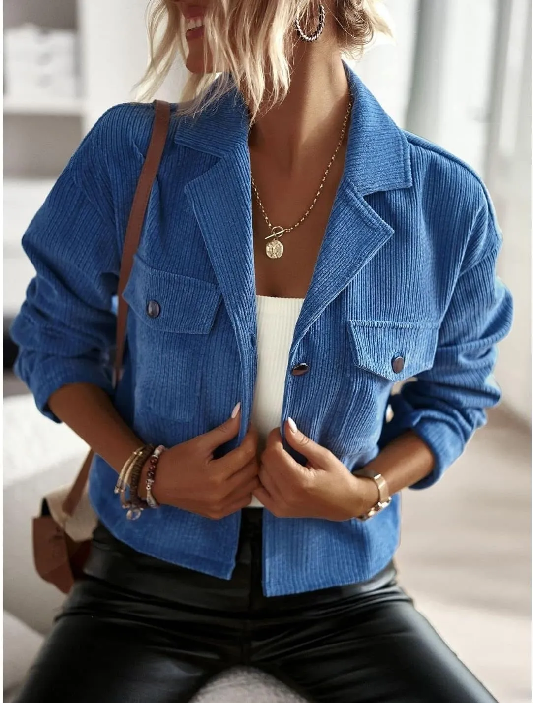 Kwoki Women's Corduroy Jackets Casual Long Sleeve Button Down Shirt Jacket Shacket Fashion Trendy Blazer Tops with Pockets