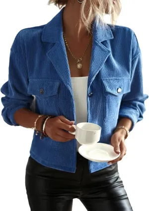 Kwoki Women's Corduroy Jackets Casual Long Sleeve Button Down Shirt Jacket Shacket Fashion Trendy Blazer Tops with Pockets