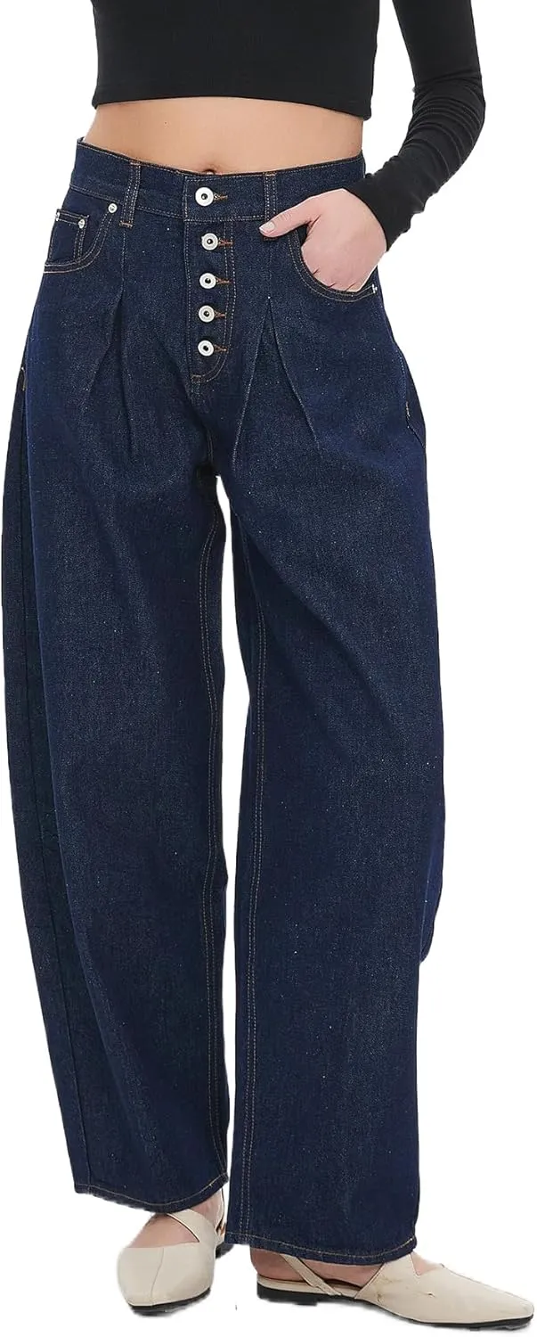 Ladyful Womens Wide Leg Barrel Jeans Baggy High Waisted Jeans Boyfriend Loose Trendy Denim Pant Trouser