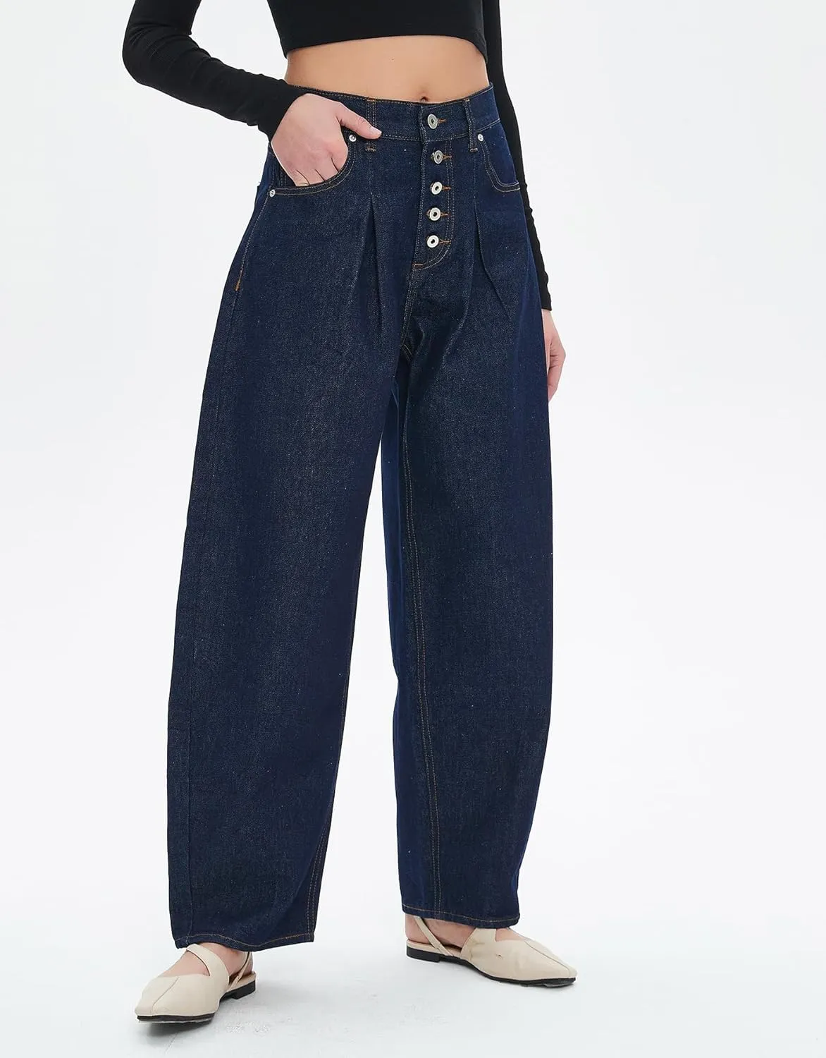 Ladyful Womens Wide Leg Barrel Jeans Baggy High Waisted Jeans Boyfriend Loose Trendy Denim Pant Trouser