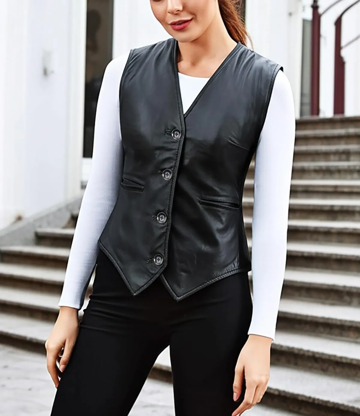 Leather Vest Women Button-Up Waistcoat Real Leather Sleeveless Biker Vest Business Classic
