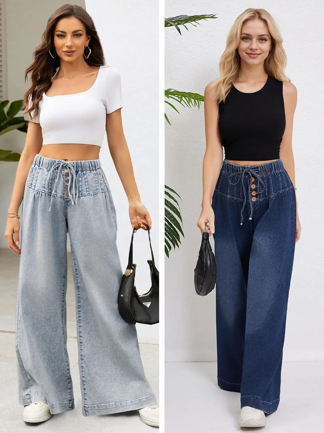 LONGBIDA Wide Leg Jeans Women Stretch High Waisted Drawstring Elastic Waist Flare Denim Pants