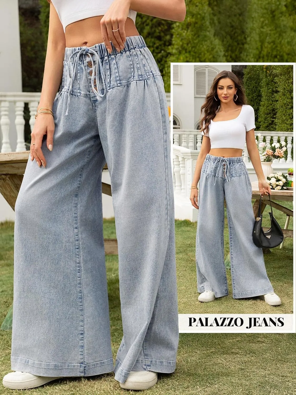 LONGBIDA Wide Leg Jeans Women Stretch High Waisted Drawstring Elastic Waist Flare Denim Pants