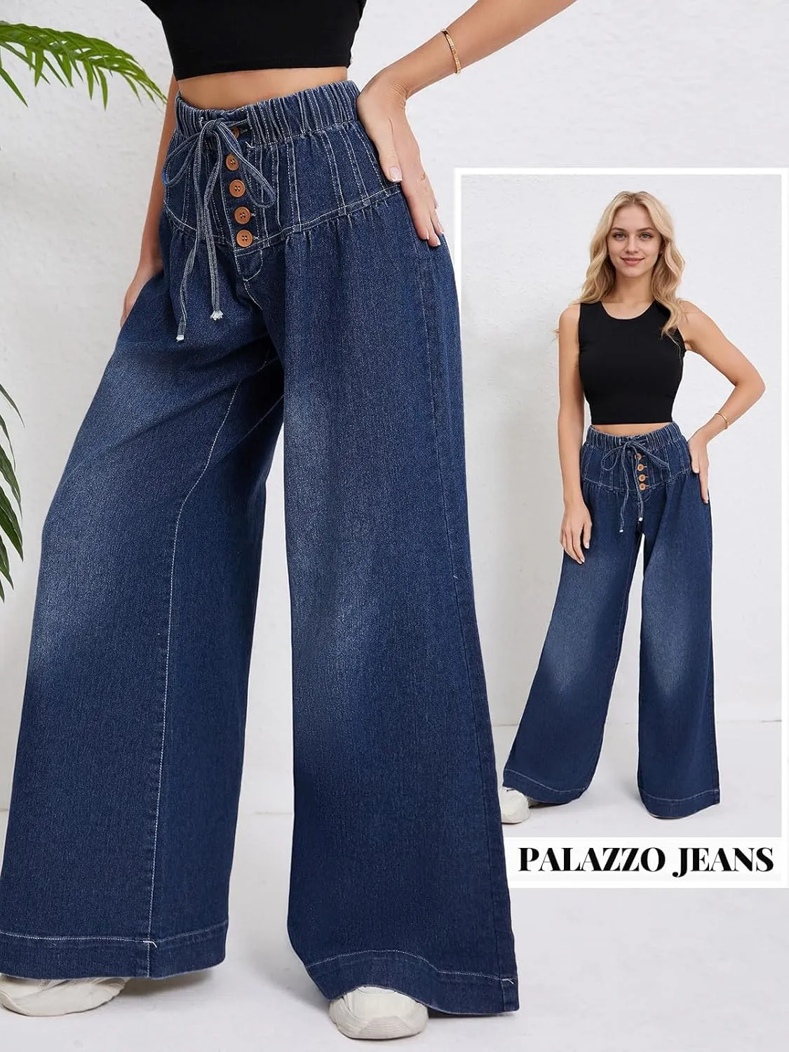 LONGBIDA Wide Leg Jeans Women Stretch High Waisted Drawstring Elastic Waist Flare Denim Pants