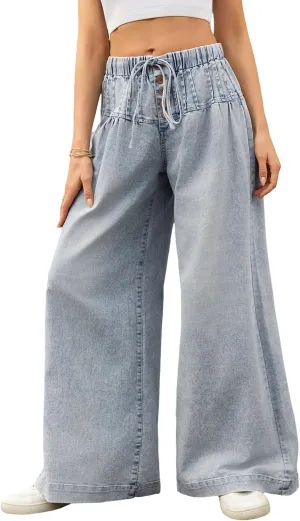 LONGBIDA Wide Leg Jeans Women Stretch High Waisted Drawstring Elastic Waist Flare Denim Pants