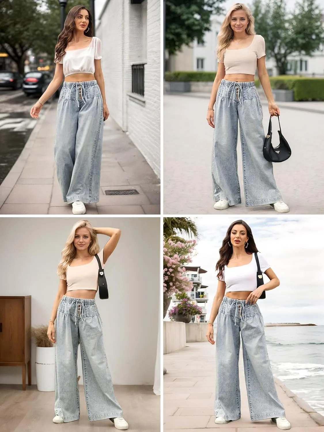 LONGBIDA Wide Leg Jeans Women Stretch High Waisted Drawstring Elastic Waist Flare Denim Pants