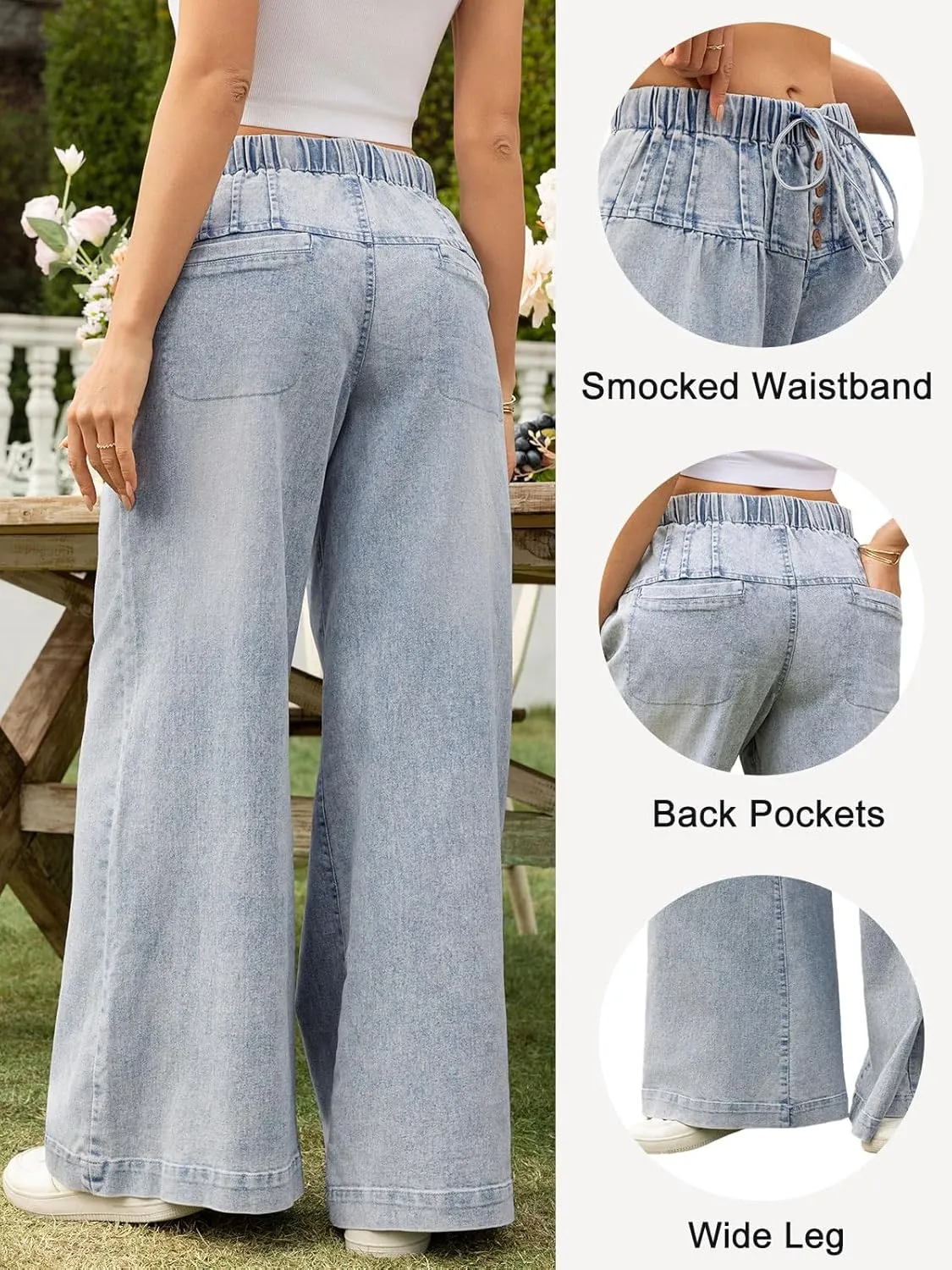 LONGBIDA Wide Leg Jeans Women Stretch High Waisted Drawstring Elastic Waist Flare Denim Pants