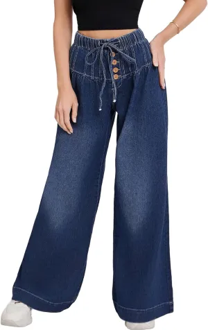 LONGBIDA Wide Leg Jeans Women Stretch High Waisted Drawstring Elastic Waist Flare Denim Pants