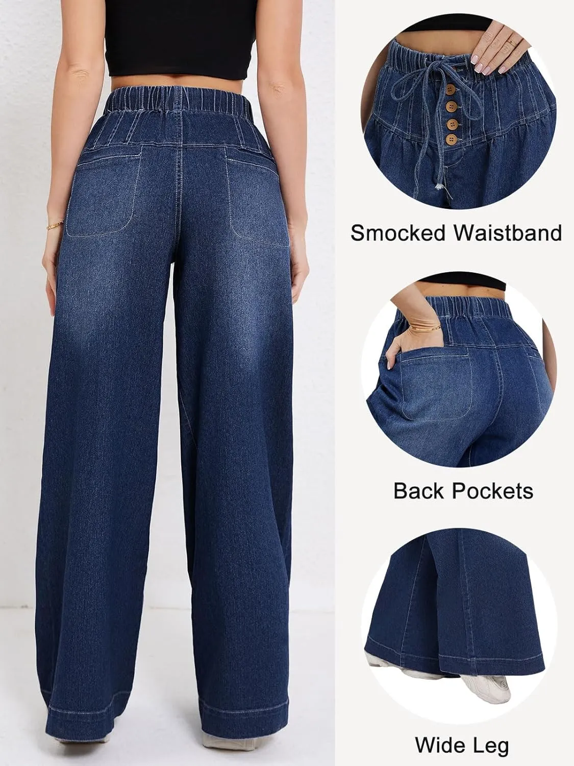 LONGBIDA Wide Leg Jeans Women Stretch High Waisted Drawstring Elastic Waist Flare Denim Pants