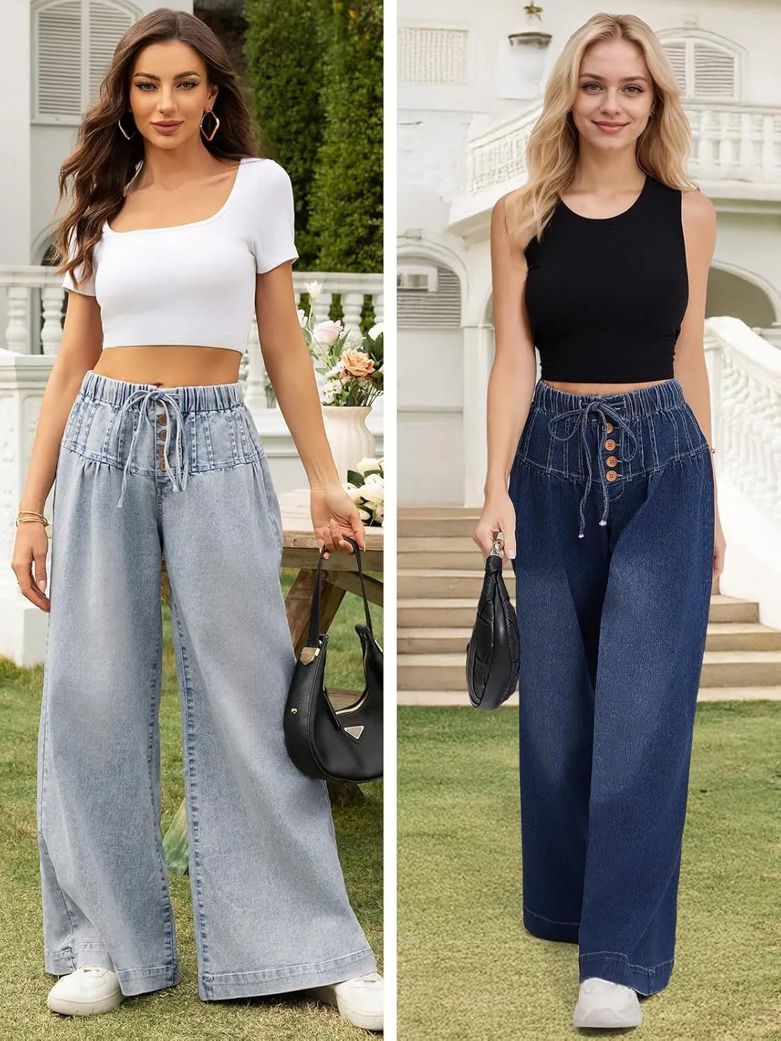 LONGBIDA Wide Leg Jeans Women Stretch High Waisted Drawstring Elastic Waist Flare Denim Pants