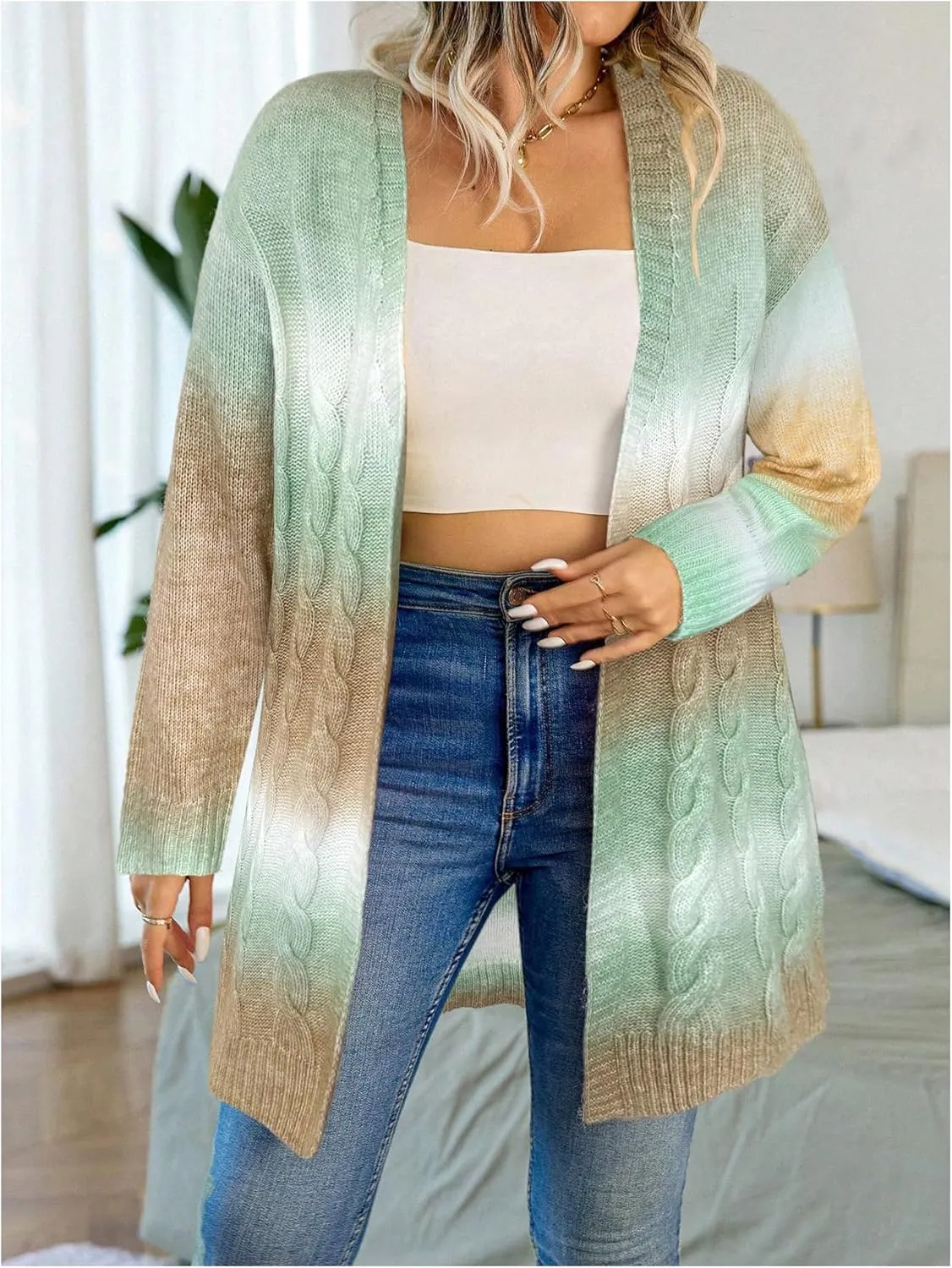 MakeMeChic Women's Plus Size Rainbow Knit Open Front Crochet Cardigan Long Sleeve Colorful Sweater Cardigans
