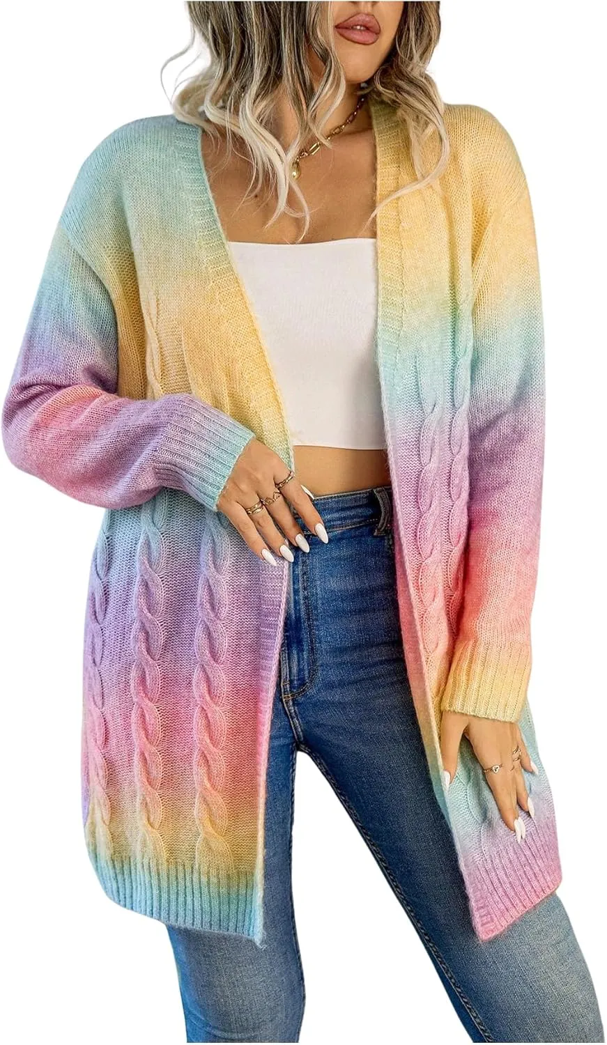 MakeMeChic Women's Plus Size Rainbow Knit Open Front Crochet Cardigan Long Sleeve Colorful Sweater Cardigans