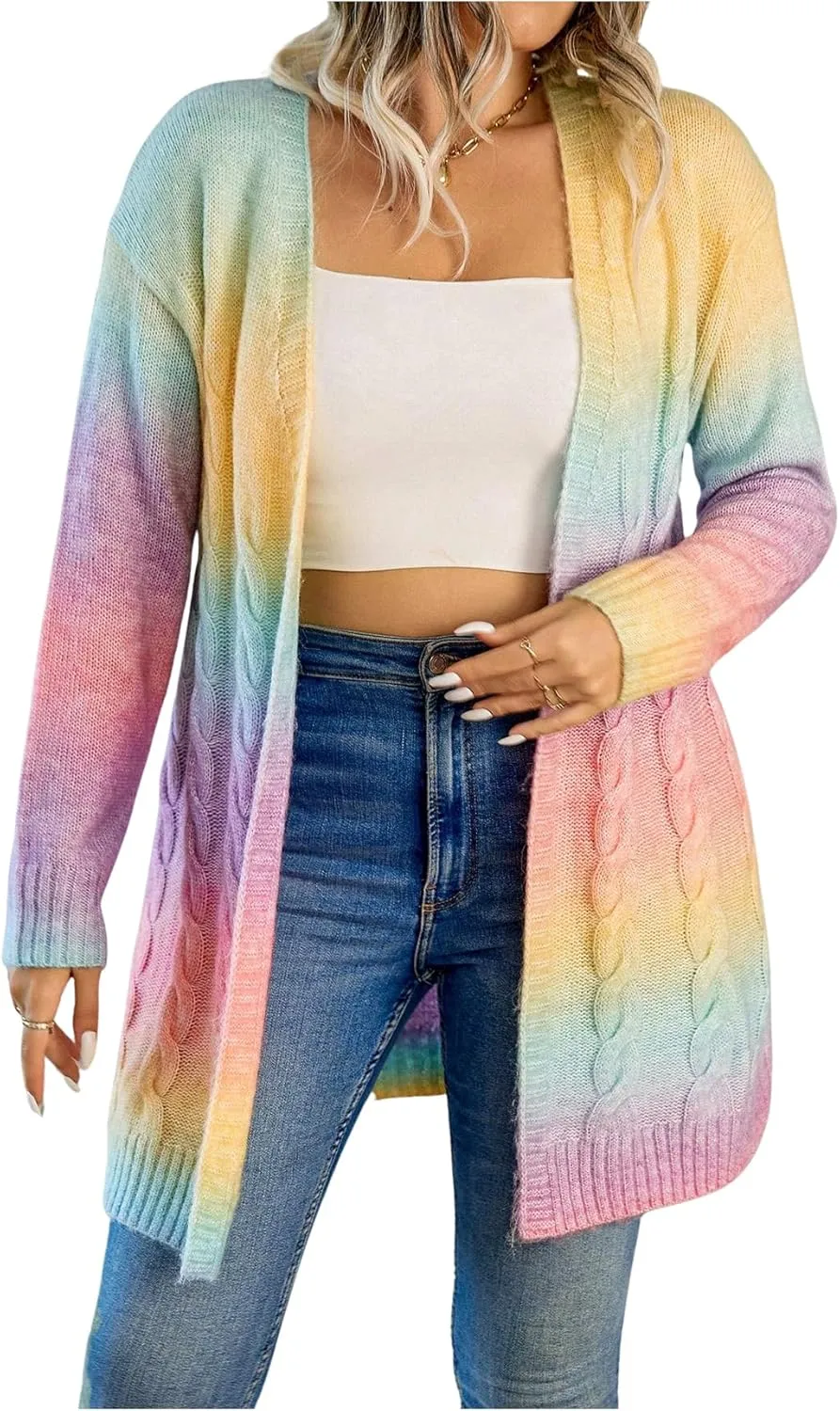 MakeMeChic Women's Plus Size Rainbow Knit Open Front Crochet Cardigan Long Sleeve Colorful Sweater Cardigans