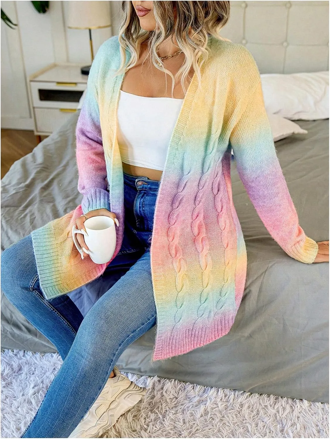 MakeMeChic Women's Plus Size Rainbow Knit Open Front Crochet Cardigan Long Sleeve Colorful Sweater Cardigans