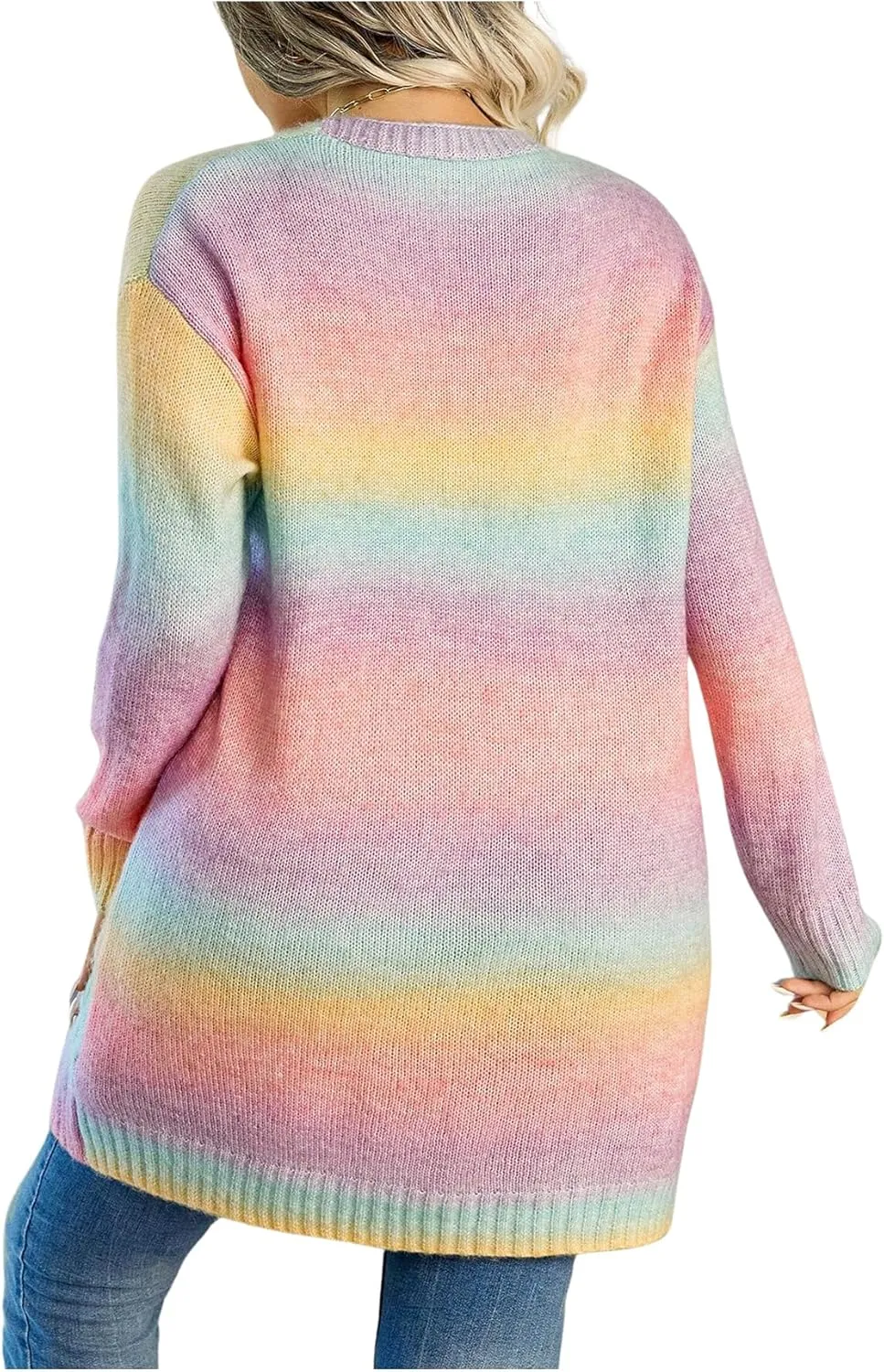 MakeMeChic Women's Plus Size Rainbow Knit Open Front Crochet Cardigan Long Sleeve Colorful Sweater Cardigans