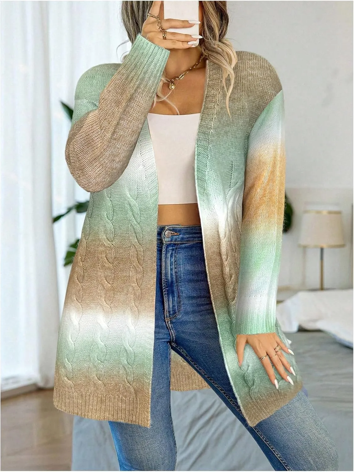 MakeMeChic Women's Plus Size Rainbow Knit Open Front Crochet Cardigan Long Sleeve Colorful Sweater Cardigans