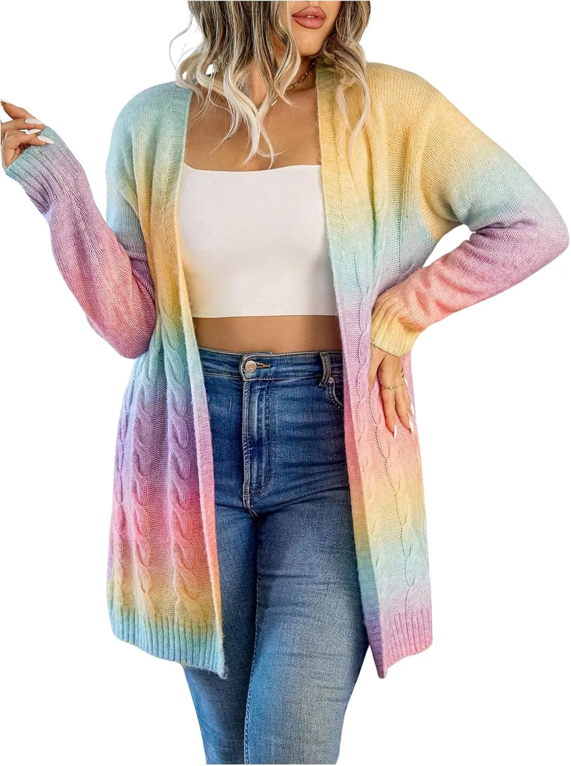 MakeMeChic Women's Plus Size Rainbow Knit Open Front Crochet Cardigan Long Sleeve Colorful Sweater Cardigans