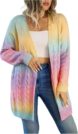 MakeMeChic Women's Plus Size Rainbow Knit Open Front Crochet Cardigan Long Sleeve Colorful Sweater Cardigans
